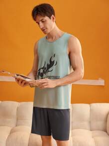 SHEIN Men's Letter Print Vest And Shorts Loungewear Set - Light Grey - View 5