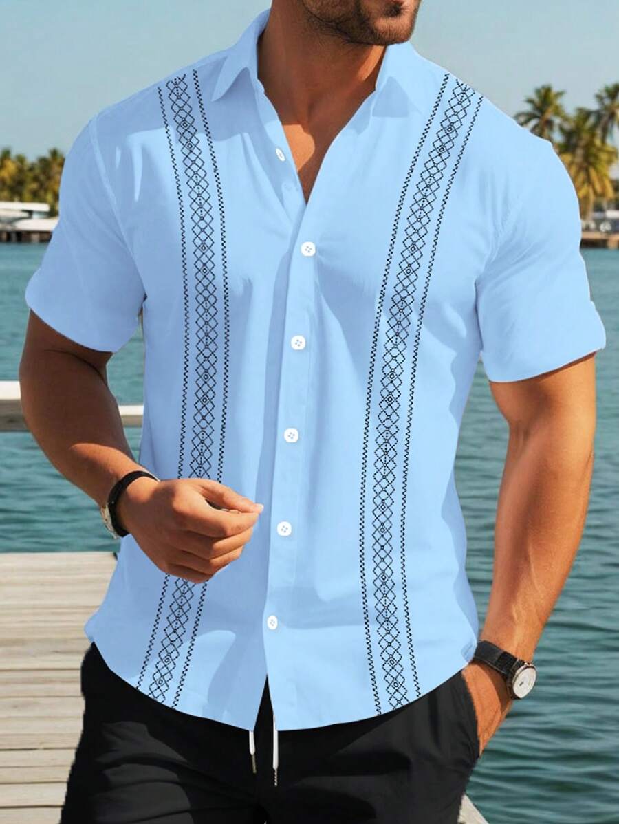 Manfinity RSRT Men's Geometric Print Front Button Casual Short Sleeve Shirt, Summer - Multicolor - View 1