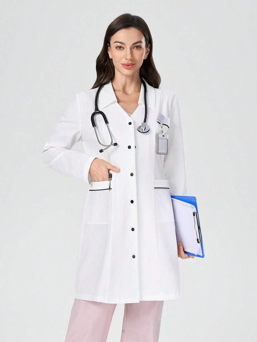 TaskEZ Bata de laboratorio para mujeres con cintura ajustable, 3 bolsillos y contraste de color en las mangas largas