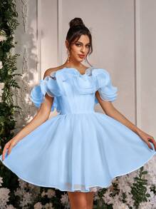 Glamrae 优雅浪漫超大号 3D 花朵露肩褶皱蓬松连衣裙，适合约会、婚礼、新娘、送礼、正式场合