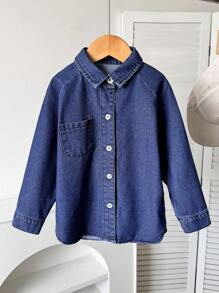 年轻女孩休闲日常都市学院风印花牛仔衬衫 - 深色水洗藍 - 查看 4