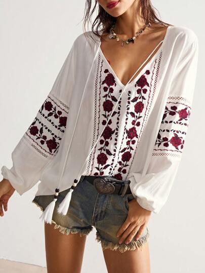 Bohemela 女士休闲度假花卉刺绣衬衫