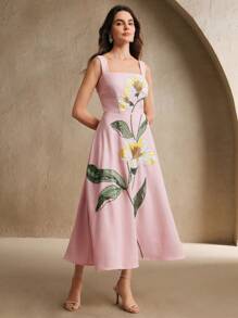 Anewsta 女士奢华度假细肩带性感露背珍珠串珠花卉连衣裙、派对/晚礼服