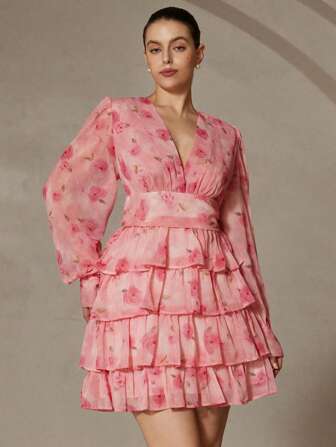 Aveloria Rosie French V-Neck Sweet Ditsy Floral Layered Chiffon Long Sleeve Mini Dress, Casual Vacation Style, Plus Size Women Boho Beach Fashionable Style All Over Print ROMANTIC Style Inspiration Fall Cloth For Women