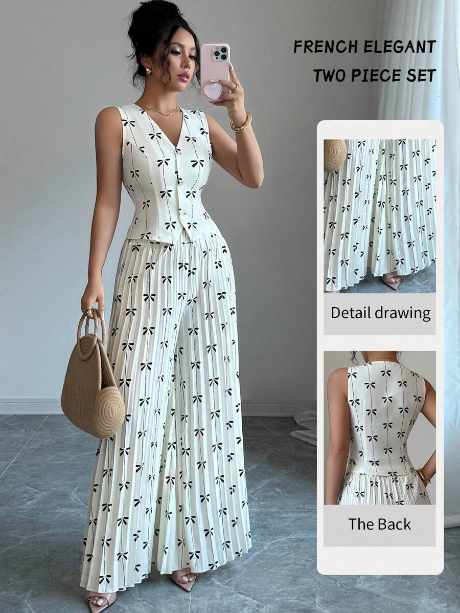 Rafferiza 女士两件套服装：浪漫法式街头风格 V 领蝴蝶结开衫和百褶裤套装，春夏时尚 - 杏色 - 查看 1