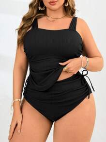 Swim Lushoire 2pcs Plus Size Solid Color Camisole Bikini Tank Top With Adjustable Strap & Ruched Shorts Casual Mature Style Swimsuit, Dress, Summer Outfits For Woman
