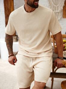 Manfinity Homme Bộ áo phông tay ngắn cổ tròn kẻ sọc cỡ lớn cho nam, mùa hè - Màu Khaki - Xem 4
