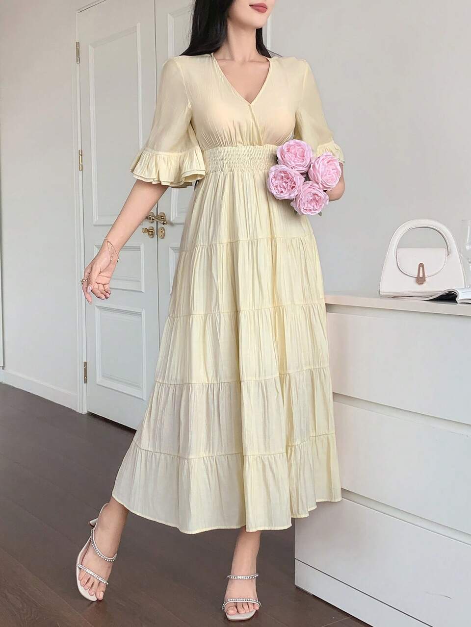 Solid Color Waist Ruffle Flare Sleeve V-Neck Dress For Women Dress