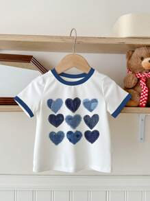 SHEIN Cute Heart Print Round Neck Short Sleeve T-Shirt, Casual Statement Tops For Girls, Easy Comfort, Kids' Daily Fashion, Casual Wear For Summer, Brunch-Ready, Princess Chic, Korean Style - Multicolor - View 2