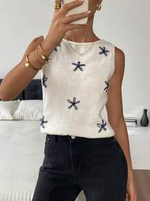 SHEIN Frenchy Women Floral Print Round Neck Casual Knit Vest,Tops For School