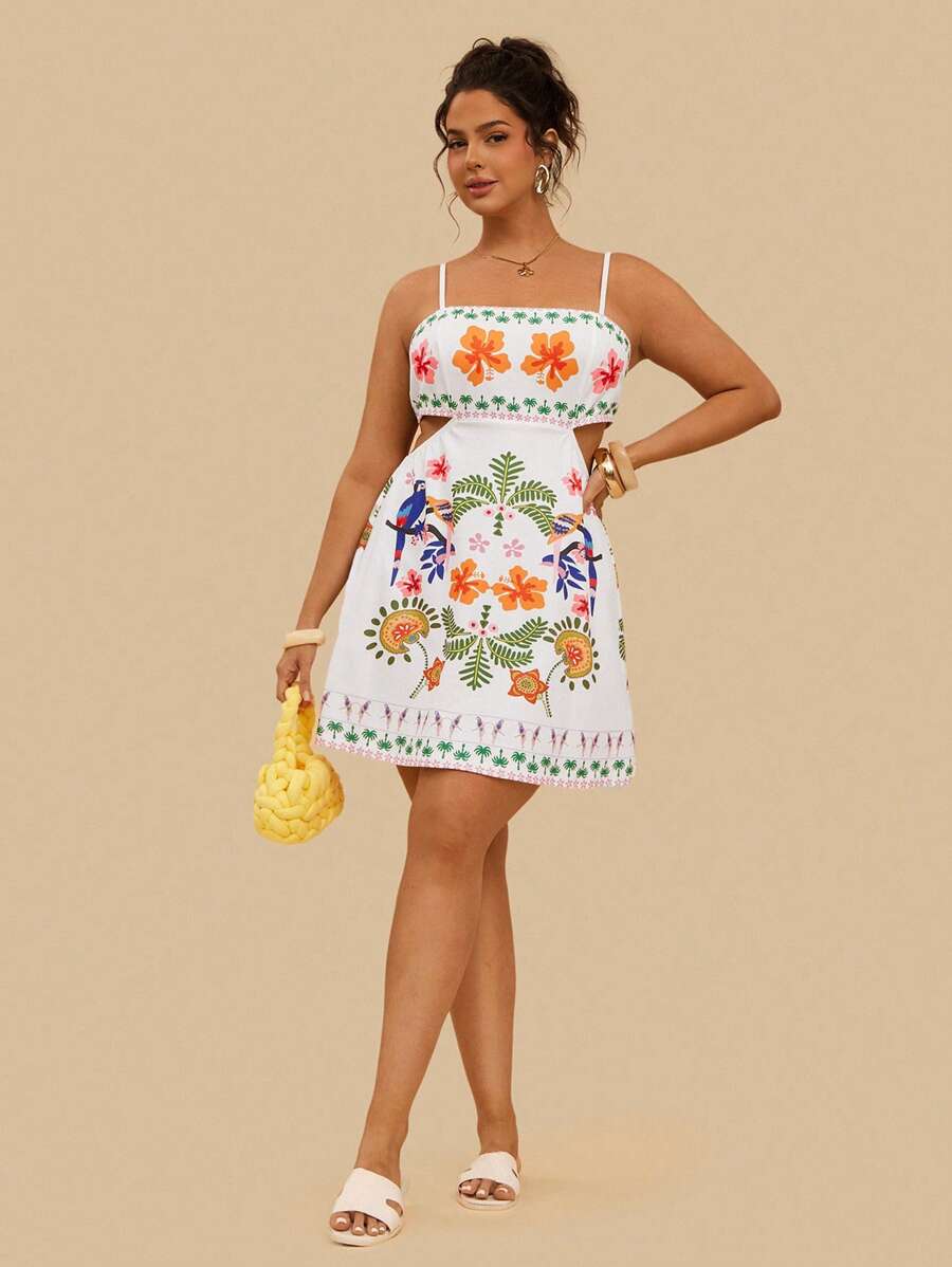 Travachic Vestido de Verão Casual de Férias com Estampa Tropical Colorida de Papagaio, Decote Vazado nas Costas, Regata, para Mulheres Plus Size