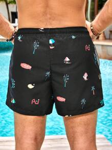 Manfinity VDAYZ Pantaloni scurți de plajă de vară pentru bărbați, cu talie elastică și șnur, stil hawaian