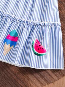 2件套小女孩冰淇淋图案荷叶边袖上衣和条纹裙套装 - 白色 - 查看 7