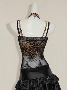 SHEIN ICON 性感豹纹吊带背心，搭配透明蕾丝两件套蕾丝花边短款上衣 - 黑色 - 查看 3