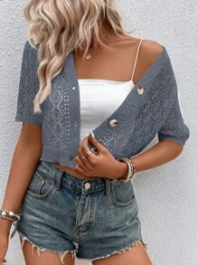 SHEIN LUNE Women's Casual Pointelle Knit Single Breasted Lightweight Cardigan - Grey - View 7