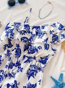 Mono con volantes a rayas azules y blancas para niñas preadolescentes, ideal para uso casual y festivo. - Multicolor - Ver 3