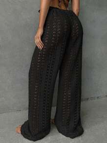 Aloruh 女式罩衫海滩，优雅性感复古风格针织半透明阔腿裤，适合春夏季度假波西米亚风裤女式阔腿罩衫泳装裤低腰裤女式海滩乡村音乐会 - 黑色 - 查看 3