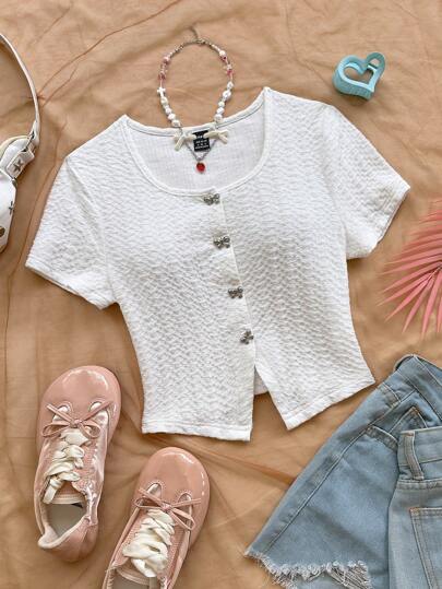 Soleia Women's Beach Vacation Solid White Textured Knit Round Neck Cardigan Top, Tailored Fit With Bowknot Metal Button Front Split Detail, Suitable For Party, Carnival, Afternoon Tea