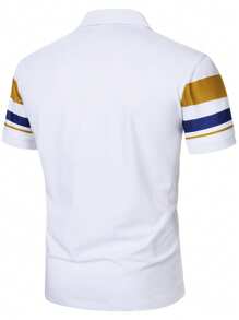 Manfinity Mode Men's Business Casual Style With An INS-Inspired Touch, Featuring A Classic Blue-And-White Color-Blocked Design And An Embroidered Horse-Riding Soldier Logo On The Front. This Stylish Short-Sleeve Polo Shirt Also Includes A Fashionably Patched Chest Pocket, A Button Closure, And Exudes A Sense Of French Elegance And Romance-An Ideal Gift For A Boyfriend Or Husband. Men's Polo Shirt With Chest Pocket Patchwork , Polo Shirt For Men , Golf Shirts For Men
