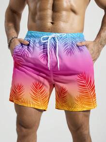 Manfinity KASUA Men's Gradient Color Printed Plant Pattern Insert Pocket Drawstring Waist Beach Shorts, Summer,Outdoor Sports Trunks Men Swim Wear BeachModeOn - Hot Pink - View 1