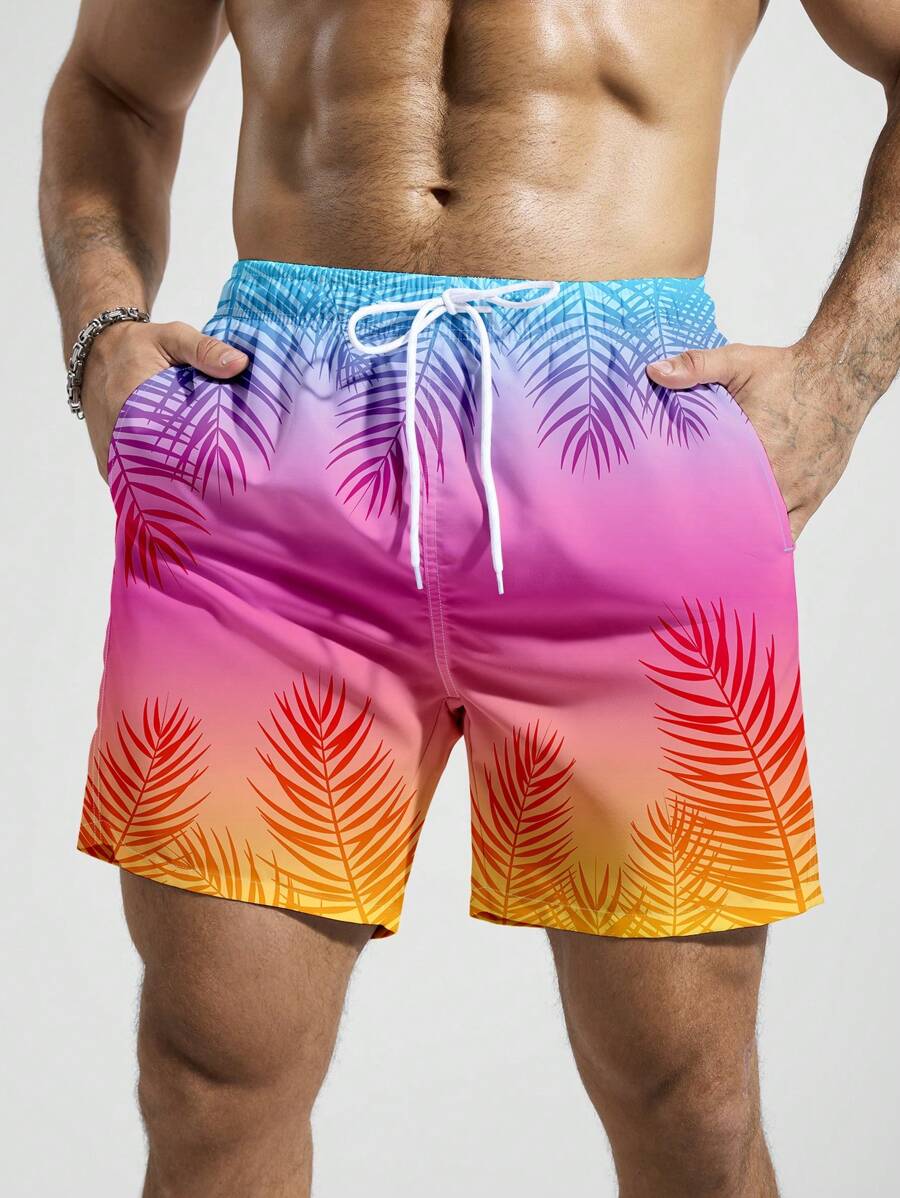 Manfinity KASUA Men's Gradient Color Printed Plant Pattern Insert Pocket Drawstring Waist Beach Shorts, Summer,Outdoor Sports Trunks Men Swim Wear BeachModeOn - Hot Pink - View 1