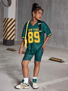 青少年女孩运动街头服饰 V 领短袖上衣和针织短裤两件套，春夏 - 墨綠色 - 查看 3