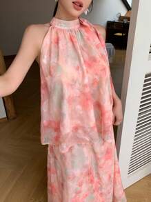 Modelyn Bộ đồ 2 món kiểu dáng nghỉ mát dành cho nữ, họa tiết hoa toàn thân, cổ thắt nút, không tay, dáng rộng gồm áo và chân váy, thích hợp cho mùa hè. - Nhiều màu - Xem 6