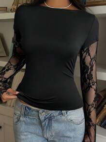 CovetEZ Áo len dệt kim dài tay chắp vá ren đen cho nữ, thường ngày mùa hè - màu đen - Xem 4