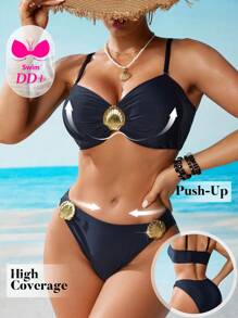Swim DD+ Women's Summer Swimwear, Double Shoulder Large Bust DD Push Up, Fashion Hot-Selling Shell Decor, Sexy Party Beach Resort 2 Pieces Set