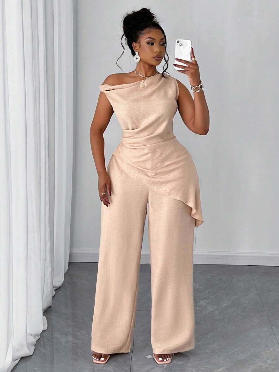Maweii Bộ 2 áo và quần màu trơn cổ bất đối xứng thường ngày cho nữ - Màu Khaki - Xem 1