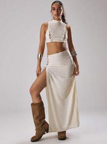 MUSERA 纹理系带侧边长裙，适合夏季、假日、度假、伊比沙岛、音乐节、锐舞派对，展现酷女孩的时尚优雅风范。 - 奶油色 - 查看 1