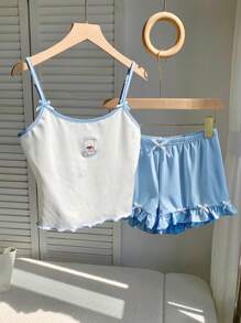 Comfortcana 2pcs Women Spaghetti Strap Top And Shorts Set, Fashion Summer Outfit - Blue and White - View 3