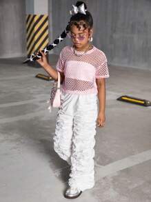 SHEIN 青少年女孩街头风格针织网眼圆领休闲运动短袖上衣 - 珊瑚粉 - 查看 7