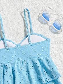 SHEIN 2 件镂空纯色泳衣套装，适合海滩度假、温泉夏季泳衣 1 件青少年泳衣套装青少年夏季泳衣青少年连体泳衣青少年女童两件套