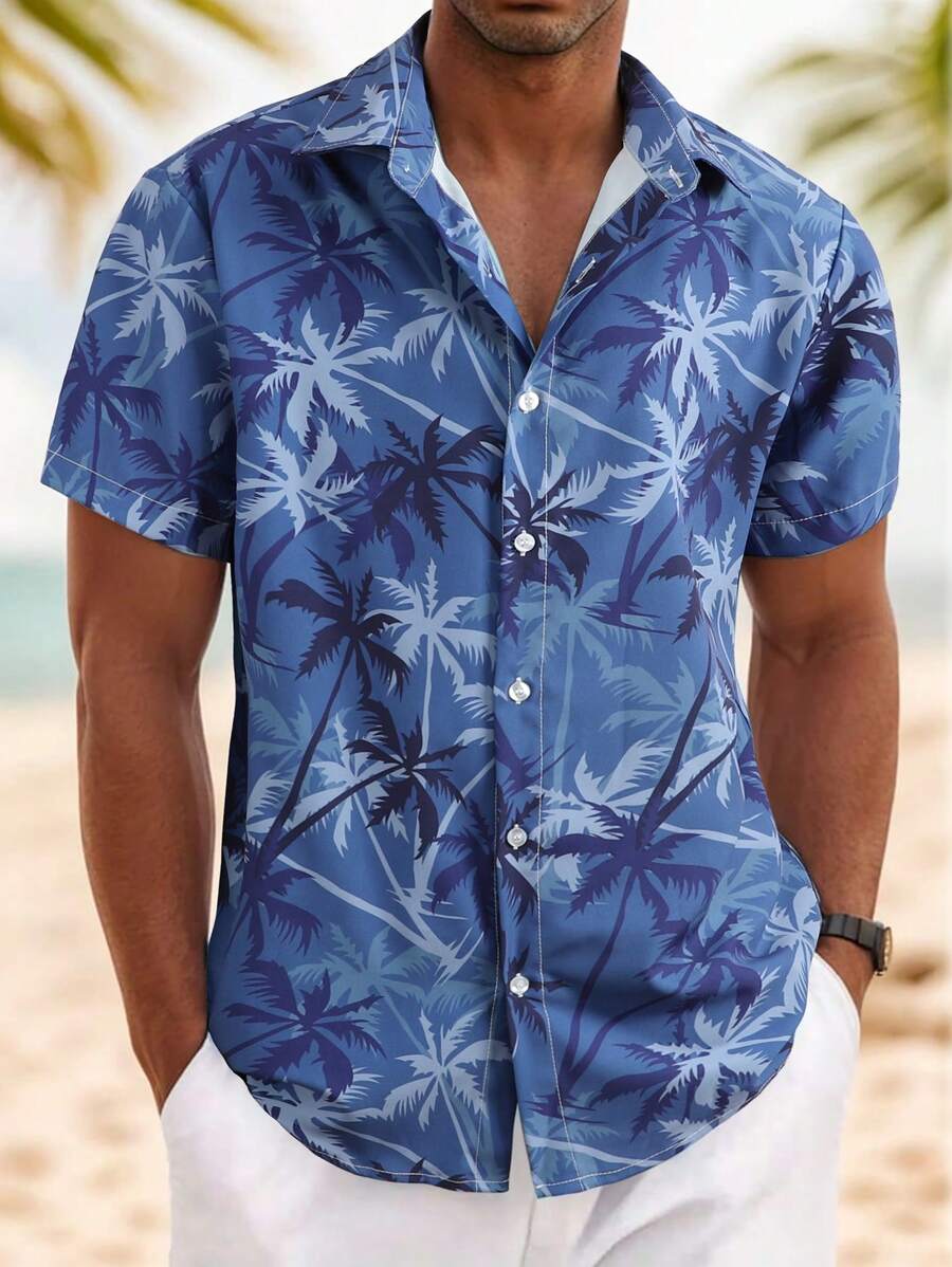 Manfinity RSRT Men's Casual Vacation Palm Tree Print Short Sleeve Shirt, Beach Tropical Summer Shirts - Navy Blue - View 1