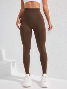 SHEIN Sports 女士纯色高腰日常健身和运动紧身裤 - 棕色 - 查看 5