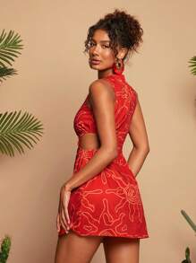 Travachic Vestido corto sin mangas con abertura y estampado tejido para mujeres - Rojo - Ver 2