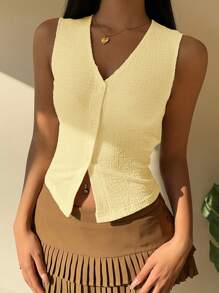 SHEIN EZwear Women Mustard V-Neck Open Front Knitted Yellow Tank Top, Summer - Yellow - View 3