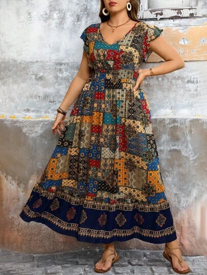 SHEIN LUNE Plus Size Women Summer Floral Print V-Neck Cap Sleeve Casual Dress, Vacation