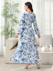 SHEIN Najma 蓝色浪漫喇叭印花连衣裙，新款阿拉伯风格休闲长裙，女士春夏装，端庄 - 藍色 - 查看 2