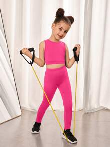 SHEIN Bộ 2 áo ba lỗ dệt kim màu trơn cho bé gái và quần nỉ thể thao thường ngày - Màu Hồng Tươi - Xem 3