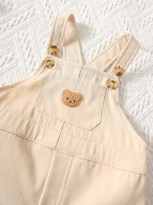 SHEIN 2 件套男童/女童夏季韩版休闲可爱卡通条纹印花短袖 T 恤 + 卡通熊背带短裤 2 件套，适合春夏穿着