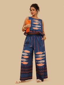 Travachic Conjunto informal de 2 piezas, informal, tipo vacacional y bohemio, con estampado, holgado, para mujeres de talla grande