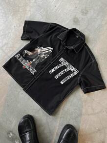 PAVTROS Manfinity Streetrush 男士休闲摇滚朋克嘻哈街头风黑色印花Y2K短袖衬衫，饰有“777”仿钻宝石印花，街头嘻哈 - 黑色 - 查看 7