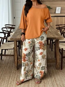 EMERY ROSE Bộ 2 áo và quần in họa tiết cây nhiệt đới cỡ lớn cho nữ phong cách nghỉ dưỡng thường ngày - Nhiều màu - Xem 6