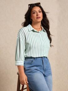 Elaquor Plus Size Boho Front Button Long Sleeve Striped Shirt , Casual Everyday Wear, For Summer - Green - View 5