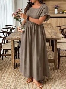 Linhara Plus Size A-Line Ruched Chiffon Short Sleeve Solid Color Dress Work Summer Dresses Women Plus Sun Dress Women Summer Clothing Women S Clothes