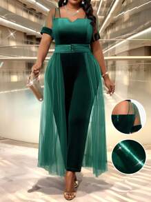 Fleurora Mono de manga larga con cuello redondo de punto elegante, informal y de flujo, con manga de obispo y contraste de malla, de talla grande, para uso formal, vestimenta profesional y ropa navideña para mujer, con cintura alta y leggings