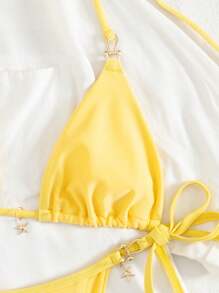 Swim Mod 2 chiếc/Bộ đồ bơi bikini buộc dây màu trơn thời trang mùa hè gợi cảm trang trí đáy hình sao biển + dây buộc bên hông - Màu vàng - Xem 3