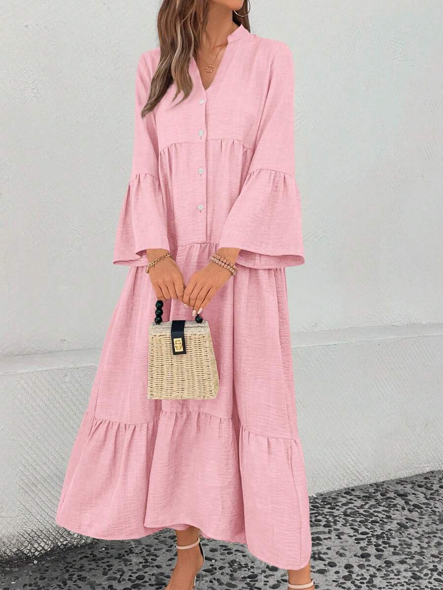 SHEIN LUNE Đầm suông rộng rãi đơn hàng khuy đơn cổ chữ V màu trơn cho nữ, trang phục maxi xuân hè cho nữ - Bụi hồng - Xem 1